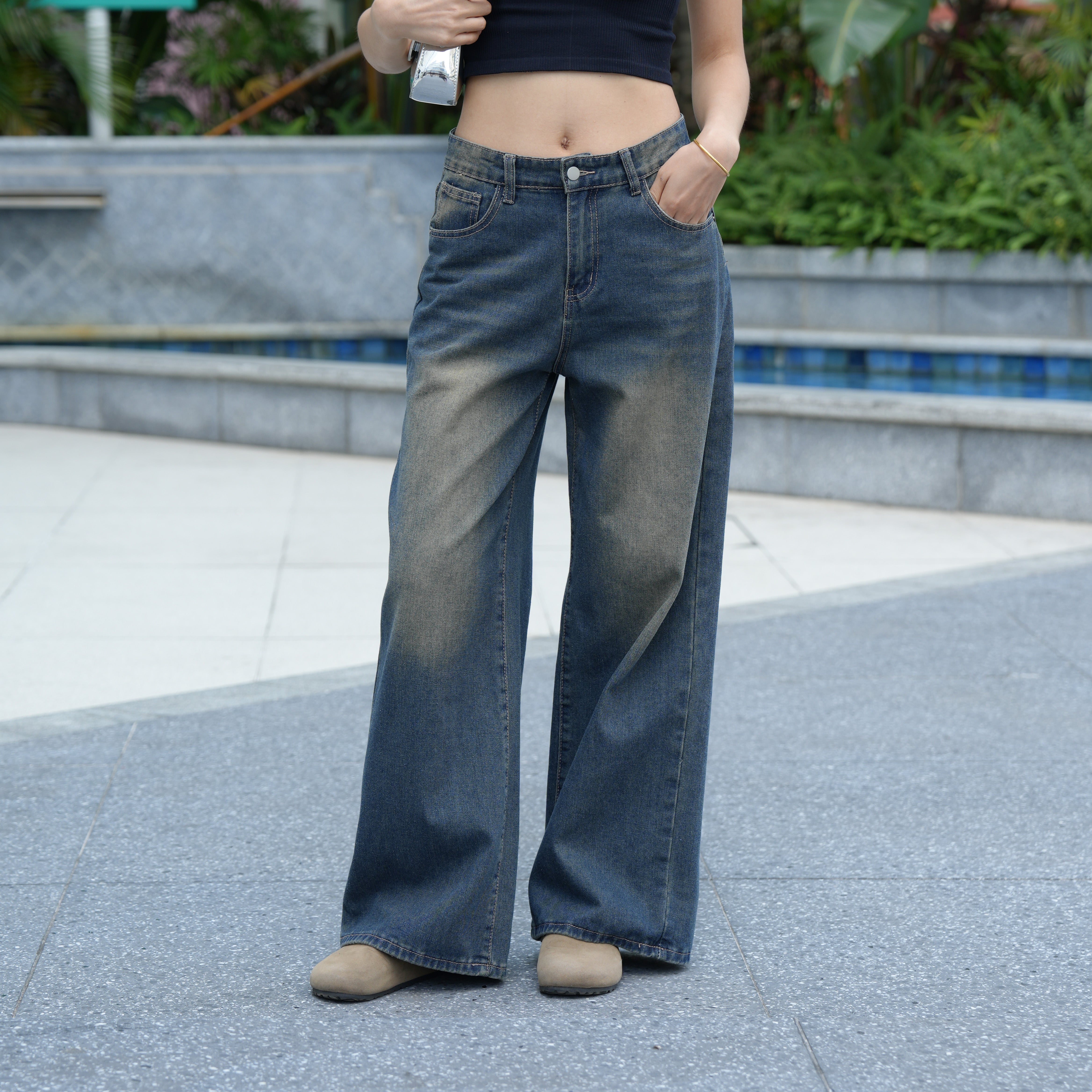 Benimeria-Womens Loose Fit Wide Leg Jeans Streetwear Denim Pant