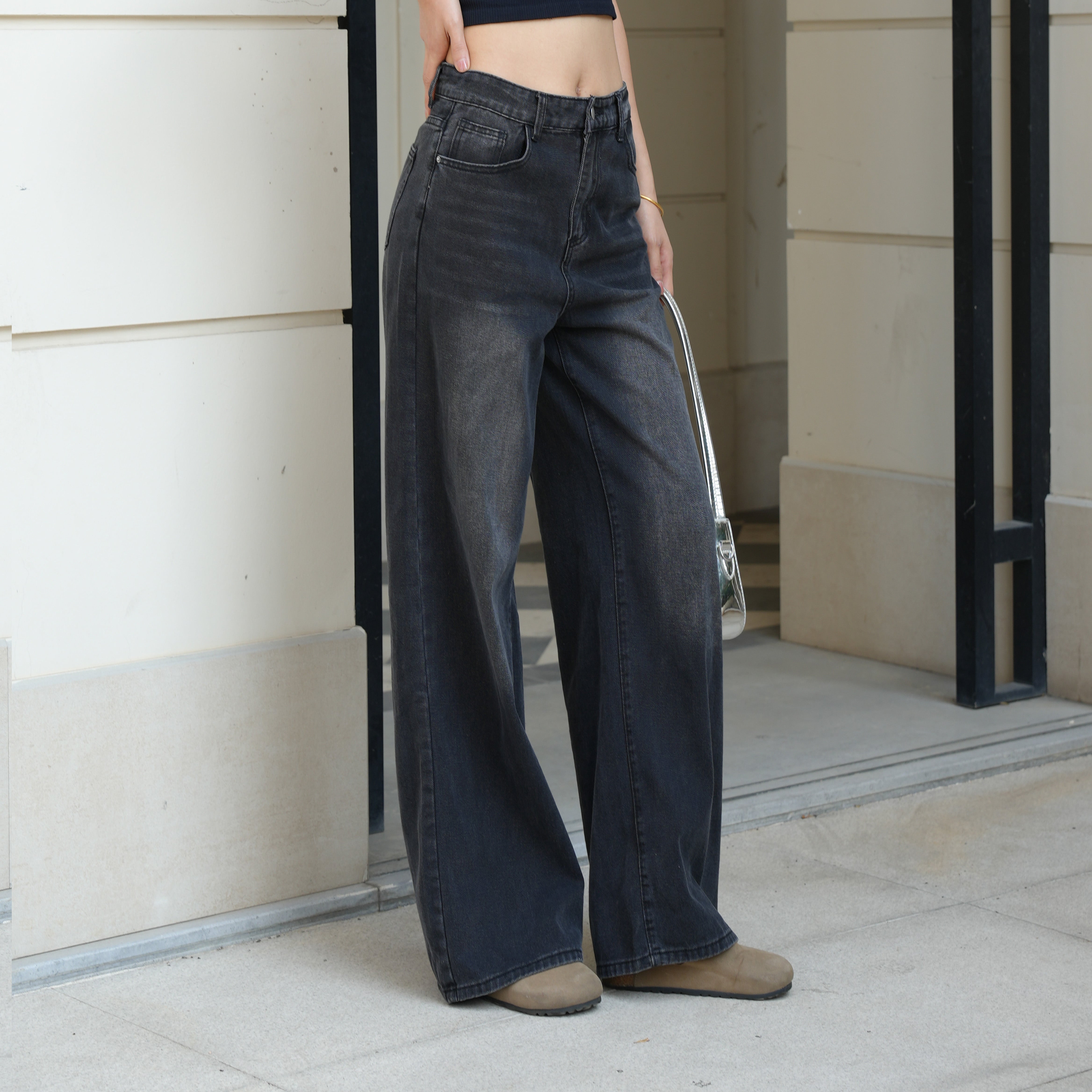 Benimeria-Women Casual Jeans Distressed Wide-Leg Denim Pant