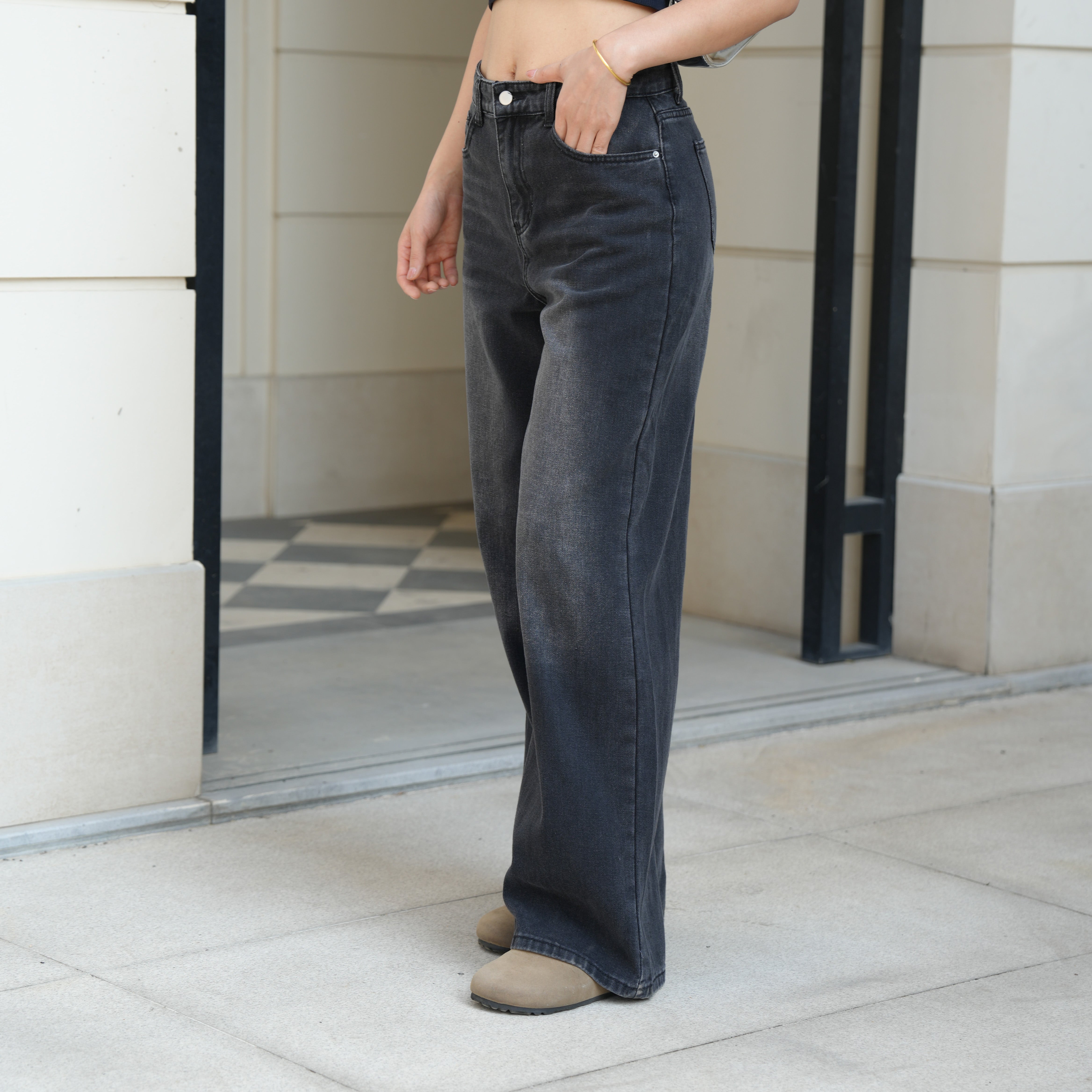 Benimeria-Women Casual Jeans Distressed Wide-Leg Denim Pant