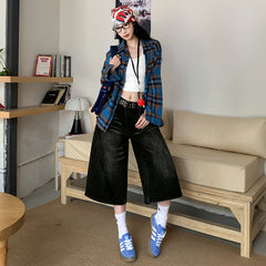 Benimeria-American-style retro loose washed and distressed cropped pants, high street style wide-leg pants with a sense of design.