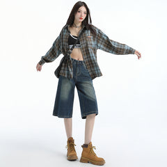 Benimeria-Vintage Hong Kong-style black denim cropped pants - relaxed straight-leg midi length, spring/summer women's fashion