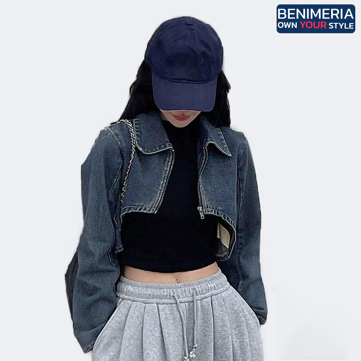 Benimeria-Designer Women_s Zipper Front Cropped Denim Jacket