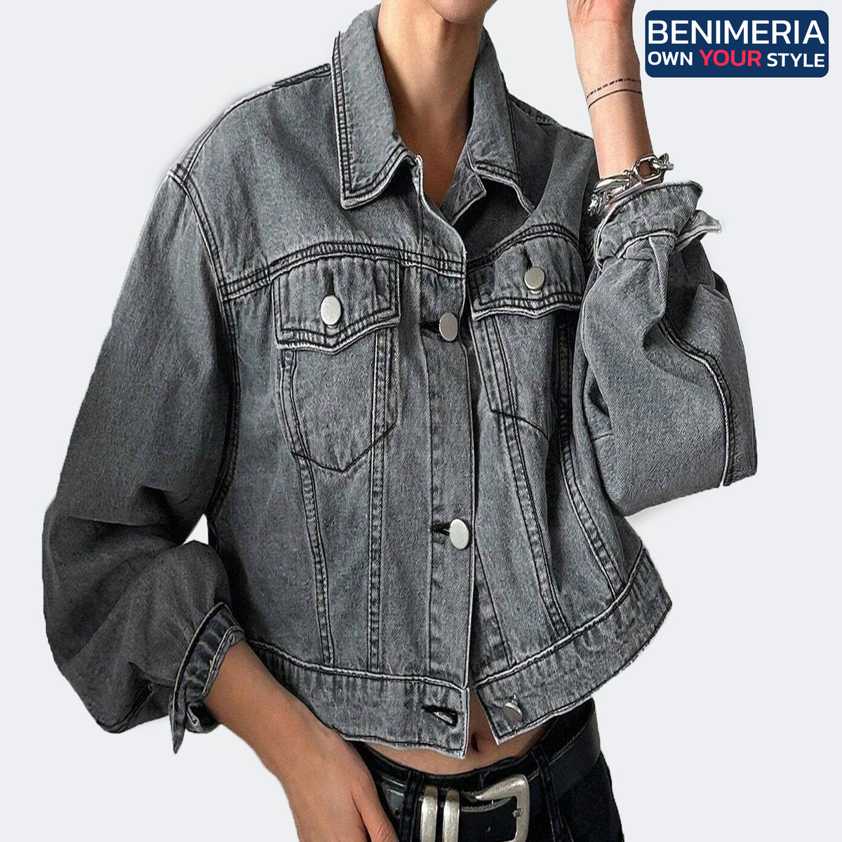 Benimeria-Drop Shoulder Crop Denim Jacket Designer  Streetwear