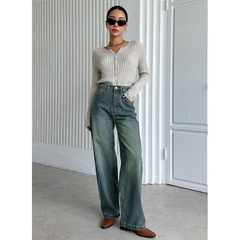 Benimeria-Womens High-Waisted Jeans Straight Leg Wide-leg Denim Pants