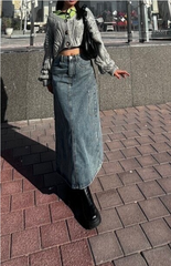 Benimeria-Designer Cargo Long A-Line Denim Skirt Fake Pocket Denime Skirts