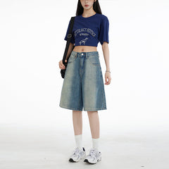 Benimeria-Summer Jorts High street gradient vintage denim medium shorts women's loose slim casual wide leg fifth pants