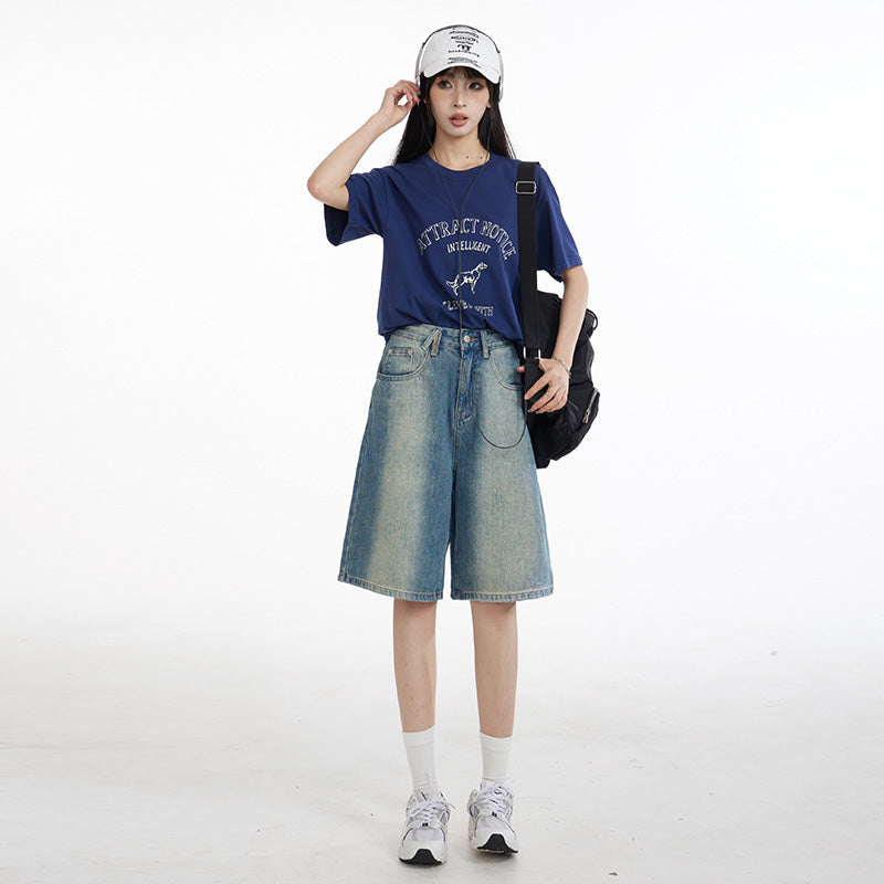 Benimeria-Summer Jorts High street gradient vintage denim medium shorts women's loose slim casual wide leg fifth pants